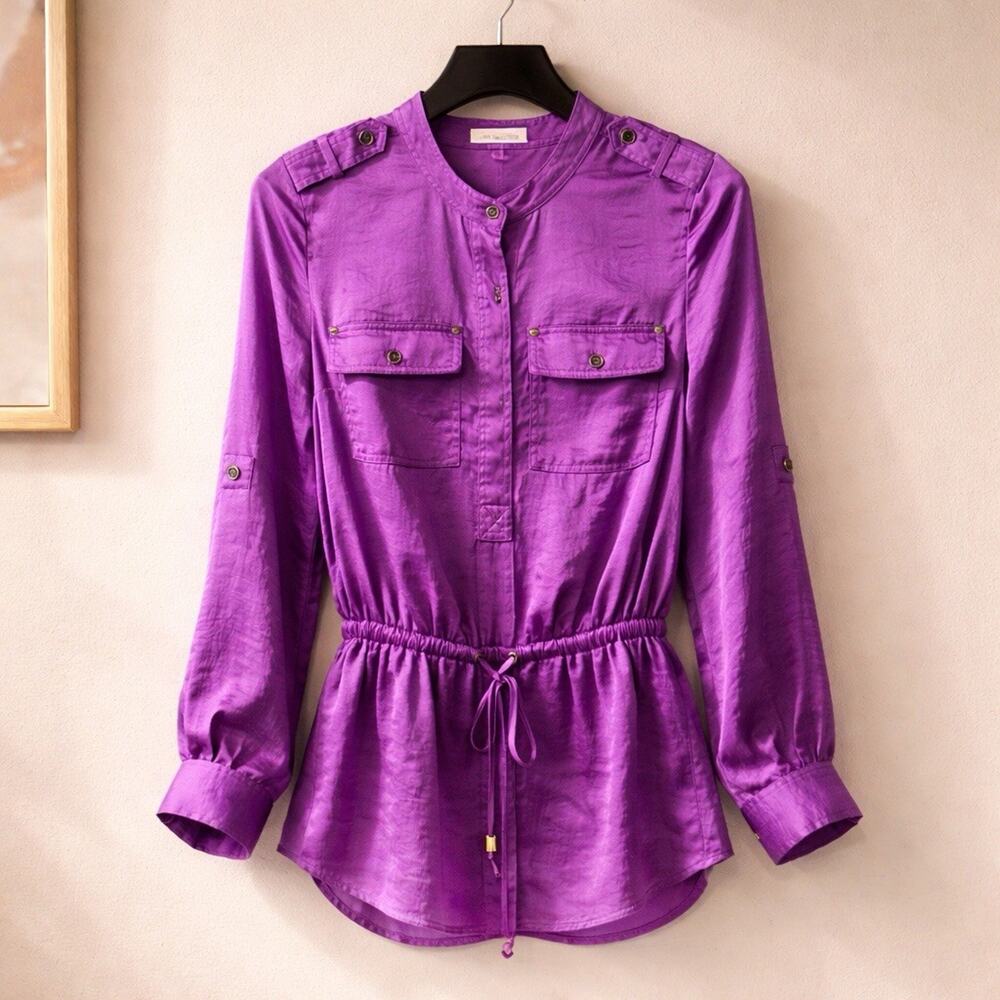 Michael Kors Satin L/S Button Down Shirt w/ Drawstring Waist Purple Size XS